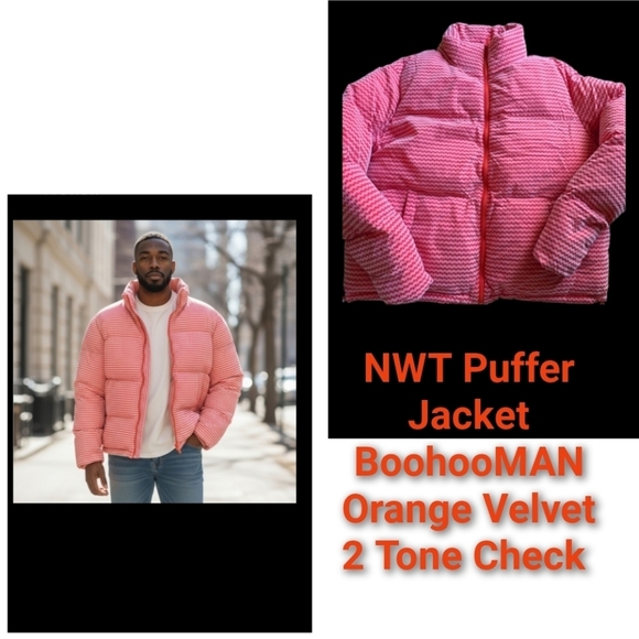 Boohooman Other - 🔥NWT Puffer Jacket BoohooMAN Orange Velvet 2 Tone Check Funnel Neck - Size M.